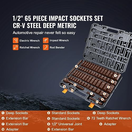 VEVOR 1/2" Drive Impact Socket Set 65 Piece, 3/8" to 1-1/4" and 10-24mm | SAE and Metric, 6 Point Cr-V Alloy Steel, Easy-to-Read Size Markings, Rugged Construction, with Storage Case, for Auto Repair - style: 1/2" 65PCS