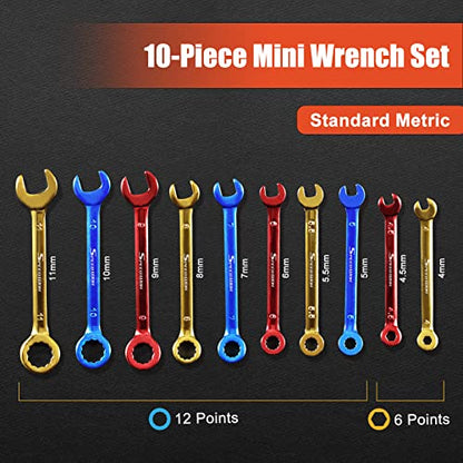 SPEEDWOX 10 Pcs Mini Combination Wrench Set Metric & SAE Color Plated Open and Box End Mini Wrenches Color Coated Midget Wrench Set with Portable Pouch and Large Ring（4-11mm(5/32-7/16"） - style: Metric & SAE