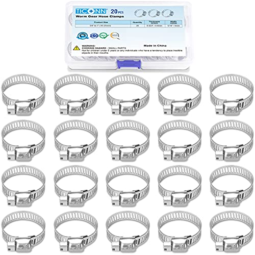 TICONN 20PCS Hose Clamp Set - 5/8''–1'' 304 Stainless Steel Worm Gear Hose Clamps for Pipe, Intercooler, Plumbing, Tube and Fuel Line - size: SAE #8 20PCS 5/8"~1"