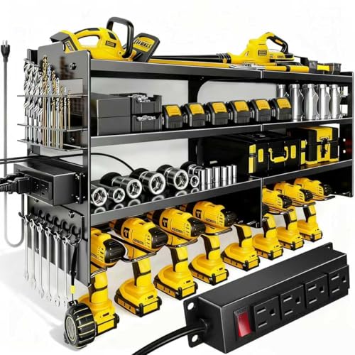 Heavy Duty Power Tool Organizer Wall Mount with Charging Station, 4 Layer Tool Storage Rack with 8 Drill Holder & Power Strip for Garage Workshop - color: With charging station, size: 4 Layer/8 Drill Holder