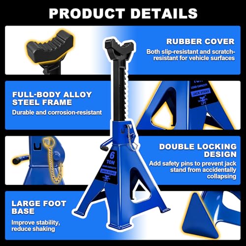 6 Ton (13,200 LBs) Jack Stands with Double Pin Locking,Rubber Cover,Large Foot Base,16"-24" Adjustable Height Heavy Duty Jack Stands,Lifting Car,Bus,RV,SUV,MPV,Pickup Truck,2 Pack Blue - color: blue, size: 6Ton Load Capacity