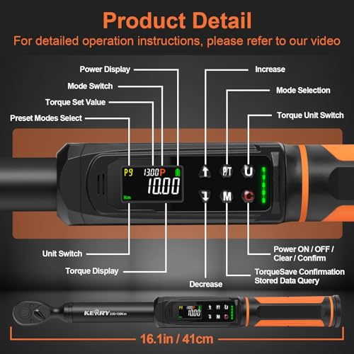 Kerry 3/8 Inch Drive Digital Torque Wrench 1.5–99.6 ft-lb ±2% High Accuracy | Five Units of Measure,LED and Buzzer Notification, Easy to Read and Operate, 72 Tooth for Bike Motorcycle - size: 3/8