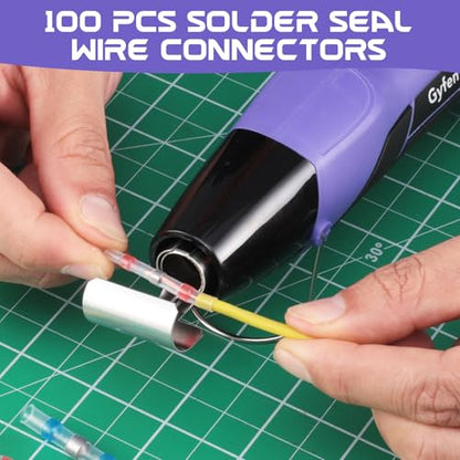100Pcs Heat Shrink Solder Seal Wire Connectors with Heat Gun & 200Pcs Heat Shrink Tubing, 350W 2-Temp Mini Heat Gun for Automotive Marine Wiring Repair