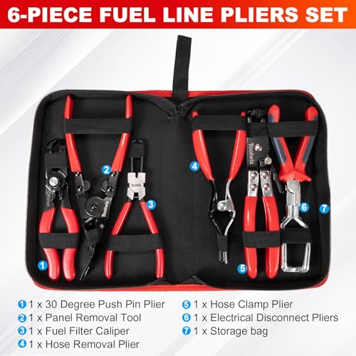 Toolwiz 6 pcs Fuel Line Pliers Set, for Automotive Repair with Storage Bag | Hose Clamp Plier, Panel Removal Tool, Hose Removal Plier, 30 Degree Push Pin Pliers, 2 pc 9" Electrical Disconnect Tool - style: 6 Pack
