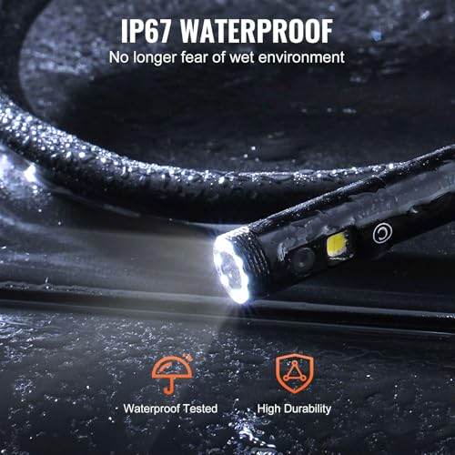 VEVOR Endoscope Camera with Light, Triple Lens Borescope with 49.2FT Semi-Rigid Cable, 5" Screen 1080P Inspection Camera, 8 + 2 LED Lights, IP67 Waterproof Snake Cameras for Auto, Plumbing (32GB Card) - size: 5" IPS Screen-49.2FT