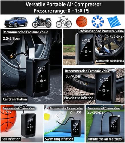 Tire Inflator Portable Air Compressor, Dual Power 12V DC/Rechargeable | Digital Display Gauge Car Tire air Pump, Battery Operated, LED Work Light, for Car Tires, SUV, Motorcycles, Bicycles, Balls
