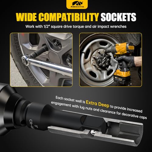 MIKKUPPA 5 PCS 1/2" Drive Impact Socket Set, Flip Socket Set, Cr-Mo Steel, Includes 3 Inch Bar Extension, Double Side Half Size Lug Nut Extractor Set