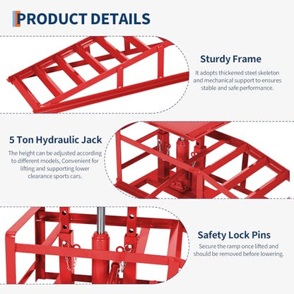 Heavy Duty Hydraulic Car Ramps 2 Pack – 5 Ton (11,000 lbs) Low Profile Steel Lift Ramps – Adjustable Height 9.4-13.3 in – for Oil Changes, Garage Repairs, Trucks & Low Cars – Portable - color: Red
