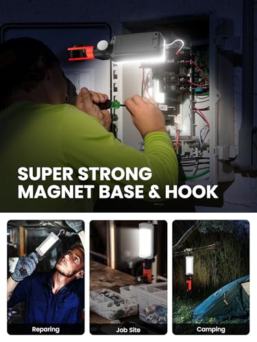 Rechargeable COB LED Work Light - Magnetic Hands-Free Trouble Light with 360° Rotating Hook, IPX4 Waterproof Drop Light for Garage Repair, Emergency | Tool Gifts for Men