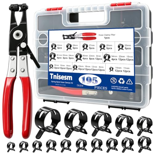 Tnisesm 195Pcs 6-38mm Spring Band Hose Clamps Assortment kits with Swivel Flat Fuel Hose Clamp Plier - 23 Sizes Silicone Vacuum Hose Pressure Air Clip Clamp - size: 195Pcs-23 Sizes+Plier