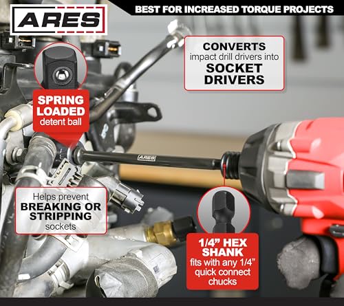 ARES 70388-10-Piece 3/8-Inch Drive 6-Inch Impact Grade Socket Adapter Set - Extensions Turn Power Drill into High Speed Nut Driver - size: 3/8-Inch Drive 6-Inch