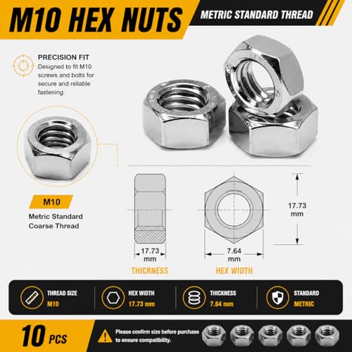 10Pcs M10 Hex Nuts, 304 Stainless Steel Hardware Nuts, Full Thread Hex Drive, for Automotive, Construction, Machinery, and Heavy-Duty DIY Projects - size: M10 (10 pcs)