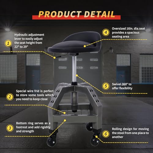 Rolling Shop Stool - 360 Swivel, Adjustable Height, Tool Tray Storage, 300 Lbs Capacity, Gray - color: Grey