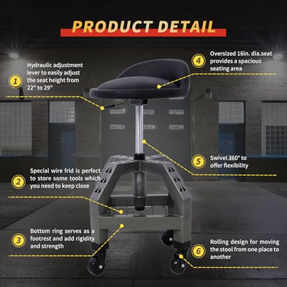 Rolling Shop Stool - 360 Swivel, Adjustable Height, Tool Tray Storage, 300 Lbs Capacity, Gray - color: Grey
