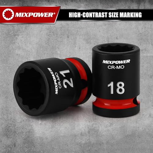 MIXPOWER 26 Pieces 1/2'' Drive Shallow Impact Socket Set,12 Point,Metric,10-36mm,CR-MO,Axle Nut Impact Grade Socket for Easy Removal