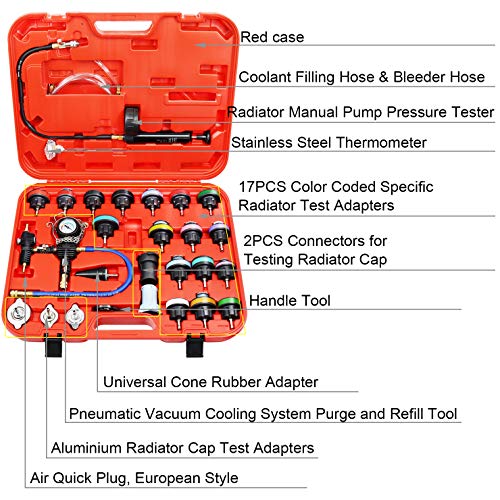 YSTOOL Radiator Pressure Tester Coolant Vacuum Refill Kit 28PCS Automotive Cooling System Leak Test Pneumatic Water Tank Purge Fill Tool Set with Gauge Adapter Cap Universal for Auto Car Airlift