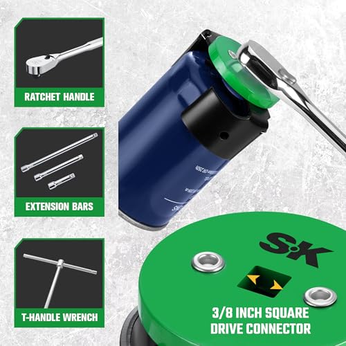 SK Adjustable Oil Filter Wrench, 2-1/2" to 3-1/8" Universal Oil Filter Removal Tool, 3/8" Drive, Fits Small to Medium Spin-On Filters for Cars, SUVs, Light Trucks & Motorcycles