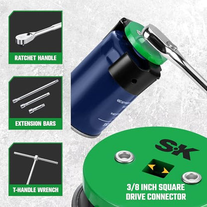 SK Adjustable Oil Filter Wrench, 2-1/2" to 3-1/8" Universal Oil Filter Removal Tool, 3/8" Drive, Fits Small to Medium Spin-On Filters for Cars, SUVs, Light Trucks & Motorcycles