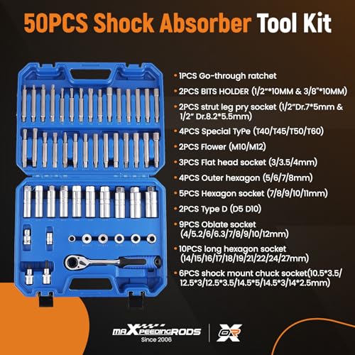 maXpeedingrods 50PCS Strut Nut Socket Set, Shock Absorber Socket Kit, Suspension Strut Top Mount Nut Removal Installer Tool, 3/8" 1/2" Drive Suspension Steering Hub Shock Absorber Ratchet Wrench Set - style: 50 Pcs