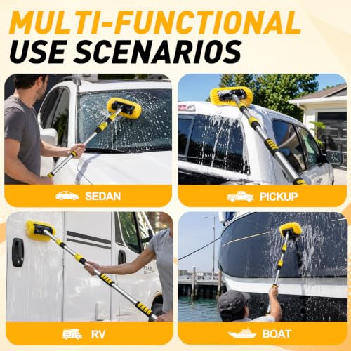 SISUPASSIE 12FT Car Wash Brush with Long Handle, 12-Inch Soft Bristle Car Cleaning Brush for Cleaning RV, Truck, Boat, Solar Panels, Yellow - color: Yellow