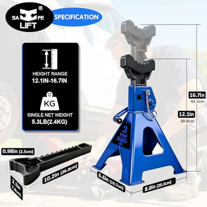 Jack Stands 3 Ton (6,600 LBs) with Double Pin Locking,Rubber Cover and Large Foot Base,12"-17" Adjustable Height Heavy Duty Jack Stands,Lifting Car,SUV,MPV,Pickup Truck,ATV/UTV,2 Pack Blue | 6,600 LBs Capacity, Double Pin Locking, Rubber Cover and Large F
