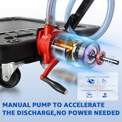 HKTE Oil Drain Pan with Pump, 17Gallon(64L), Low-Profile, T-Handle and Heavy-Duty Casters, Quick Drainage, Splash Guard Cover Design - color: 17 gallon with manual pump