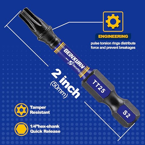 Geinxurn 5 Pieces T25 Hollow 2 In. Impact Tough Magnetic Insert Bit Set, #25 Security Torx Head Power Bits, S2 Alloy Steel Star T25 Screwdriver Bits Set - size: 2"-5PCS, style: TT25