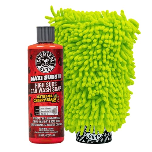Chemical Guys Maxi Suds II Cherry Scent Car Wash Soap and Chenille Microfiber Wash Mitt Bundle, High Foam Shampoo for Foam Cannons, Guns, and Buckets, Safe for All Paint - 16 Fl Oz - size: 16 Fl Oz (Pack of 1), style: With Microfiber Towel