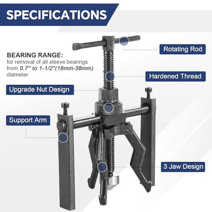 DASBET 3 Jaw Inner Bearing Puller Set Blind Bearing Puller Set | Bushing Gear Extractor Wheel Bearing Puller Automotive Kit Heavy Duty 3 Jaw Pilot Bearing Puller for Motorcycle, Car, and SUV