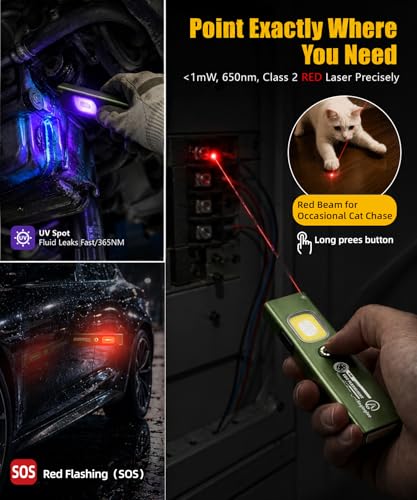 Flat EDC Flashlight Rechargeable, Lightweight 1.59oz Clip-On Flashlight with Magnetic Base, 550 Lumens Work Light, UV Light and Red Laser for Repair, Inspection, Camping,Emergency,Gifts for Men - color: Green