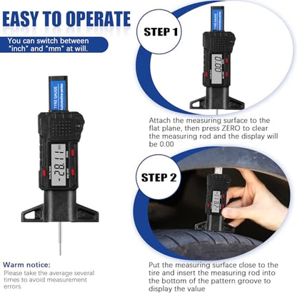 Frienda 3 Pieces Tire Tread Depth Gauge Tool Digital Tire Tread Depth Gauge LCD Display Tread Checker with Inch and MM Conversion for Motorcycle, Car, Truck and Bus, Silver, Black, Blue