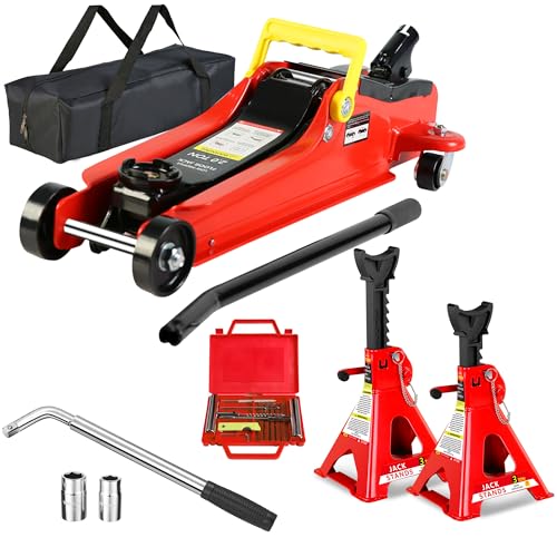 5 Piece Car Truck Floor Jack Service, Hydraulic Trolley Floor Jack & Jack Stands & Tire Repair Kit & L-Wrench for Garage, Repair Shop, DIY, Lift Range 3.3"-15.2", 2 Ton/4000 LBS Capacity, Red - color: Red - 2 Ton(Single Pump), Lift 3.3"-15.2" (Floor Jack+