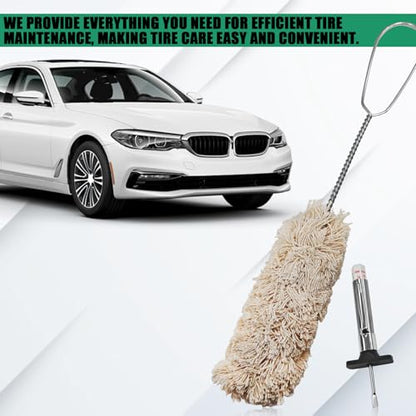 4PCS 12.5" Extra Long Handle Tire Lubricant Brush Applicator Swab Set with Tread Depth Gauge, Car Tire Lubricant Brush Universal Tire Lube Swabs Fit Most Lube Buckets for Auto Tire Changing