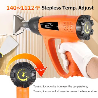 1800W Heat Gun for DIYers, Crafters & Electronics Repair – 140°F~1112°F Variable Temp, 1.5s Fast Heat, 5 Nozzles, 2 Scrapers, Overheat Protection, Hands-Free Stand | Shrink Tube, Resin, Vinyl Wrap - color: Orange