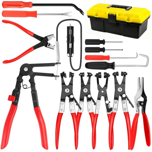 13PCS Hose Clamp Pliers Set, Long Reach Hose Clamp Kit with Box for Automotive Coolant Radiator Heater and Water Hose, with Flexible Wire Clic R Type Swivel Jaw Flat Band Pliers - color: 13 Pcs With Box