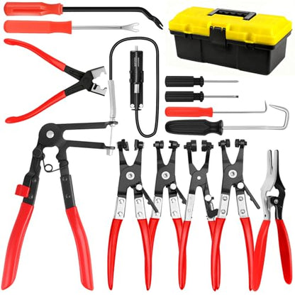 13-Piece Hose Clamp Pliers Kit for Auto Repair, Flexible Wire & Box | 4 More Than 9-Piece, Ratchet Lock Frees Hands, Swivel Jaw, Heat-Treated Steel, Fits 11/16-2.5in, Coolant/Fuel/Oil - color: 13 Pcs With Box