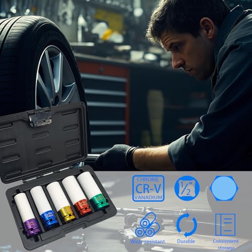 5PCS 1/2" Drive Impact Lug Nut Socket Set, Lug Nut Impact Socket | 15 17 19 21 22mm, 6 Point, Non-Marring, Thin Wall, Deep Socket, Wheel Protector, Protective Socket, Color-Coded, Cr-Mo Steel - size: 5PCS 15 17 19 21 22mm