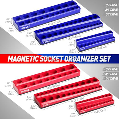 Magnetic Socket Organizer, 4-Pack Metric SAE Holder Set 1/4", 3/8" Drive Socket Trays, Holds 108 Pcs Standard and Deep Size Sockets(Socket not Included) - size: 3/8",1/4"SAE&METRIC/4PCS