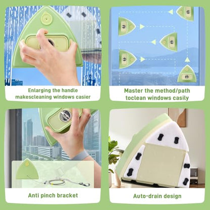 Double-Sided Magnetic Window Cleaner, Green | Adjustable Magnetic Double Window Wiper, Fits 3-30mm Glass Thickness, 2.5m Safety Rope for High-Rise & Auto Glass - color: Green