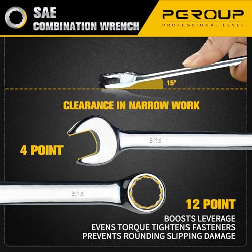5/16" SAE Combination Wrench, CR-V Steel with Mirror Polish, 12-Point Design, 15-Degree Offset, Perfect for Auto Repair, Household, Car & Truck Emergency - size: 5/16"