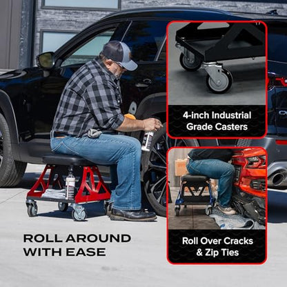 Vyper Low Pro Garage Stool with Removable Seat for Mechanics, Black Frame | Robust steel garage stool with 400 lb capacity, large industrial casters, foam seat, tool tray, and red frame for auto or DIY - color: Black Seat, Black Frame