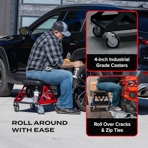 Vyper Low Pro Garage Stool with Removable Seat for Mechanics, Blue Frame | Robust steel garage stool with 400 lb capacity, large industrial casters, foam seat, tool tray, and red frame for auto or DIY - color: Black Seat, Blue Frame