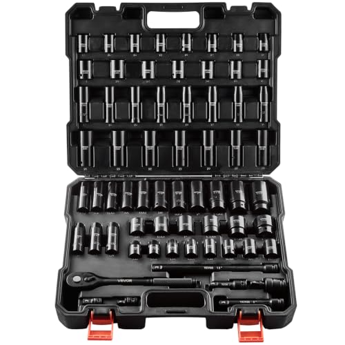 VEVOR 1/2" Drive Impact Socket Set, 65 Piece Socket Set SAE 3/8" to 1-1/4" and Metric 10-24mm, 6 Point Cr-V Alloy Steel for Auto Repair, Rugged Construction, Easy-to-Read Size Markings, Storage Case - style: 1/2" 65PCS
