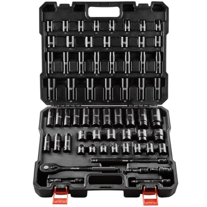 VEVOR 1/2" Drive Impact Socket Set, 65 Piece Socket Set SAE 3/8" to 1-1/4" and Metric 10-24mm, 6 Point Cr-V Alloy Steel for Auto Repair, Rugged Construction, Easy-to-Read Size Markings, Storage Case - style: 1/2" 65PCS