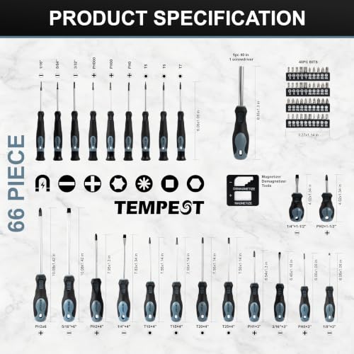 TEMPEST 66-Piece Magnetic Screwdriver Set, Household Tool Kit with CR-V Steel, Precision & Full-Size Drivers, Magnetizer & Demagnetizer, Durable Storage Case for DIY Repairs, Furniture & Appliances