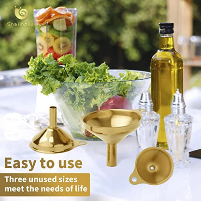 Snailhouse Small Funnels, 3 Pack Stainless Steel Mini Metal Food Funnel with Cleaning Brush Set for Filling Bottles Kitchen Use, Gold (1.78/2.16/2.95 in)