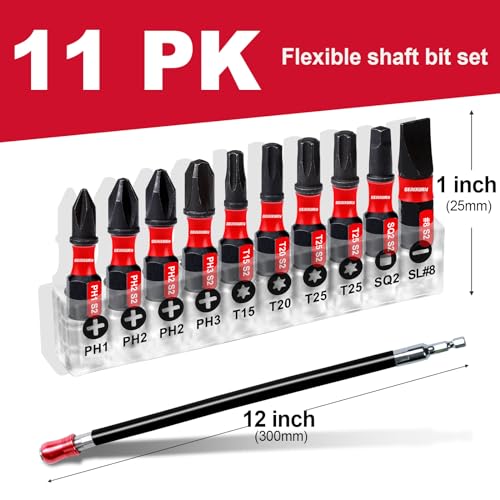 Geinxurn Flexible drill bit Extension Screwdriver Bit Holders, 1PACK 12Inches Flex Shaft Extension Socket Drill Bit Holder Hex Shank Quick-Change Drill Bit Guide with 10PC Screwdriver Bits - style: GBH0300FS-011