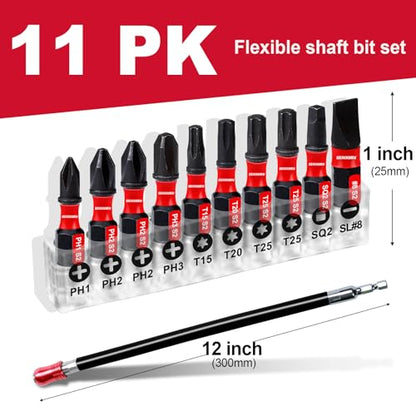 Geinxurn Flexible drill bit Extension Screwdriver Bit Holders, 1PACK 12Inches Flex Shaft Extension Socket Drill Bit Holder Hex Shank Quick-Change Drill Bit Guide with 10PC Screwdriver Bits - style: GBH0300FS-011