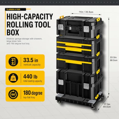 TLGREEN 4-Tier Stackable Rolling Tool Box with Cantilever Tray | Tool Storage System with 180-Degree Cantilever Tray; Faster Access to Frequently Used Accessories And Small Parts