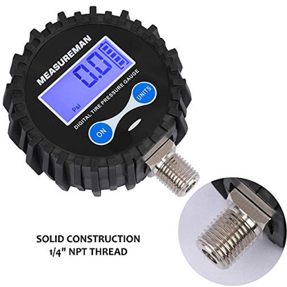 MEASUREMAN 2-1/2" Dial Size Digital Air Pressure Gauge with 1/4'' NPT Bottom Connector and Protective Boot, 0-60psi, Accuracy 1%, Battery Powered, with LED Light - size: Long thread, style: 0-60psi